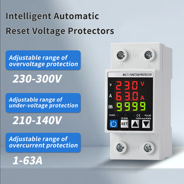 Single Phase Three Display Overvoltage And Undervoltage Protector 63A