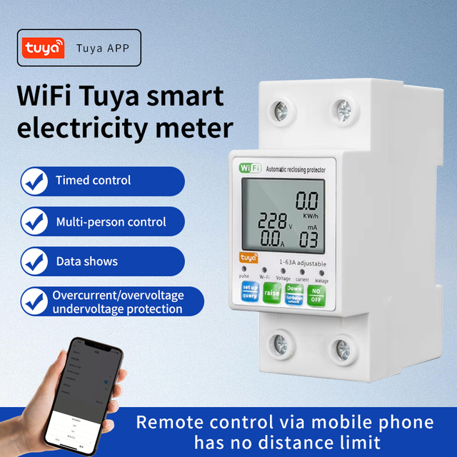 TUYA APP WiFi Smart kwh Energy Circuit Earth Leakage Over Under Voltage Protector 2P Energy Power kW