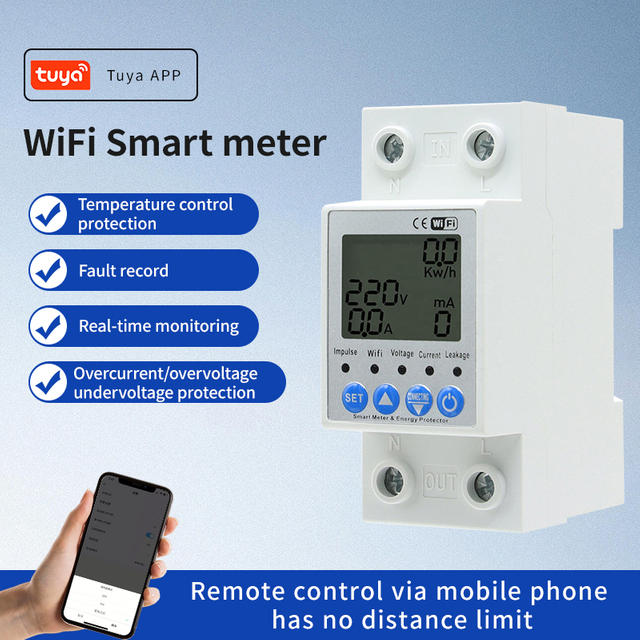 TUYA APP WiFi Smart kwh Energy Circuit Earth Leakage Over Under Voltage Protector Relay Device Switch Breaker Energy Power kW