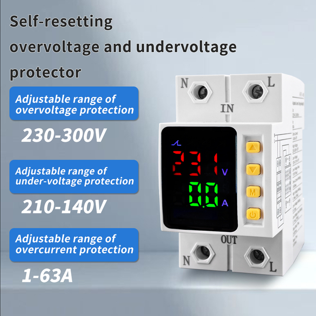 Single Phase Dual-Display Over/Under Voltage Protector 63A - Color Screen, Raised Buttons, Overcurrent Protection