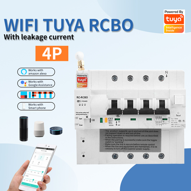 WIFI TUYA 4P100A RCBO Circuit Breaker With Leakage Current